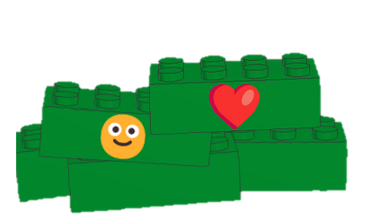 A pile of green interlocking building blocks. The top two each have a single emoji on them, one heart and one smiley.