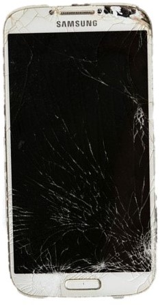 A Samsung phone with a shattered screen.