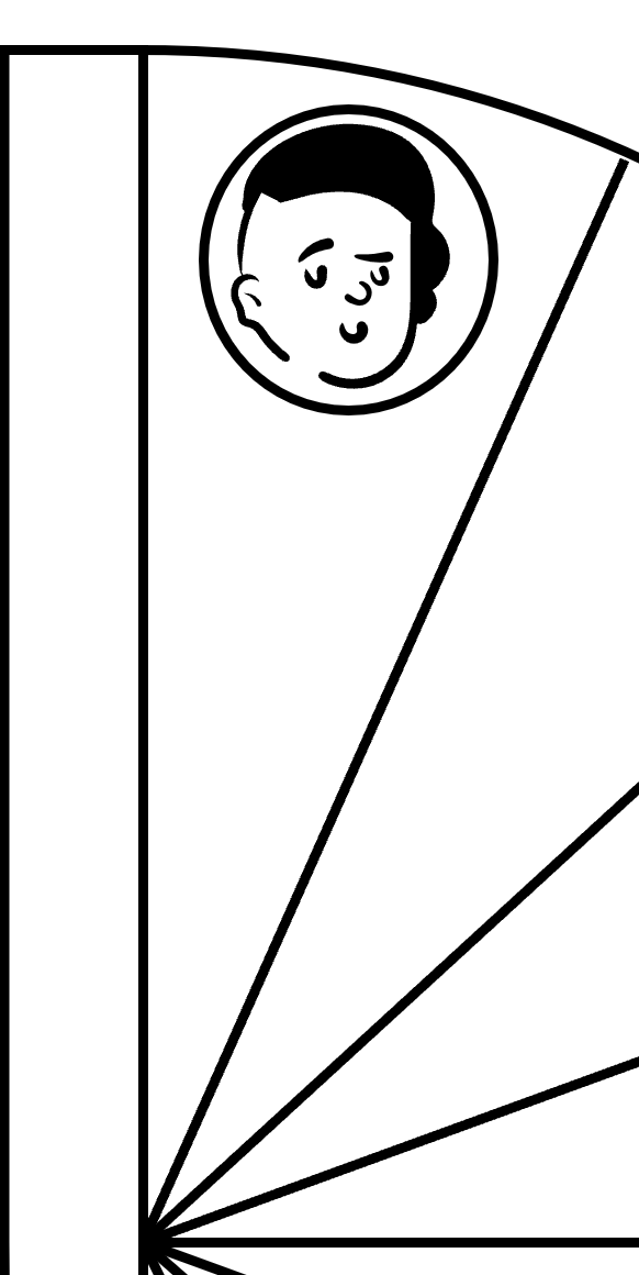 A wireframe close up of a cicular fan shows a single leaf with a line drawing of a smirking face with an undercut.