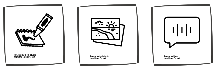 Three icons surrounded by sketchy frames show icons of a crayon colouring in a notebook, a photo of a beach sunset, and a speech bubble with a speech wave inside.