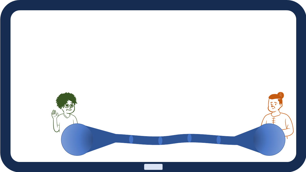 Tablet wireframe showing a line drawing of a waving kid and a line drawing of a smiling older person with a wavy tunnel connecting them.