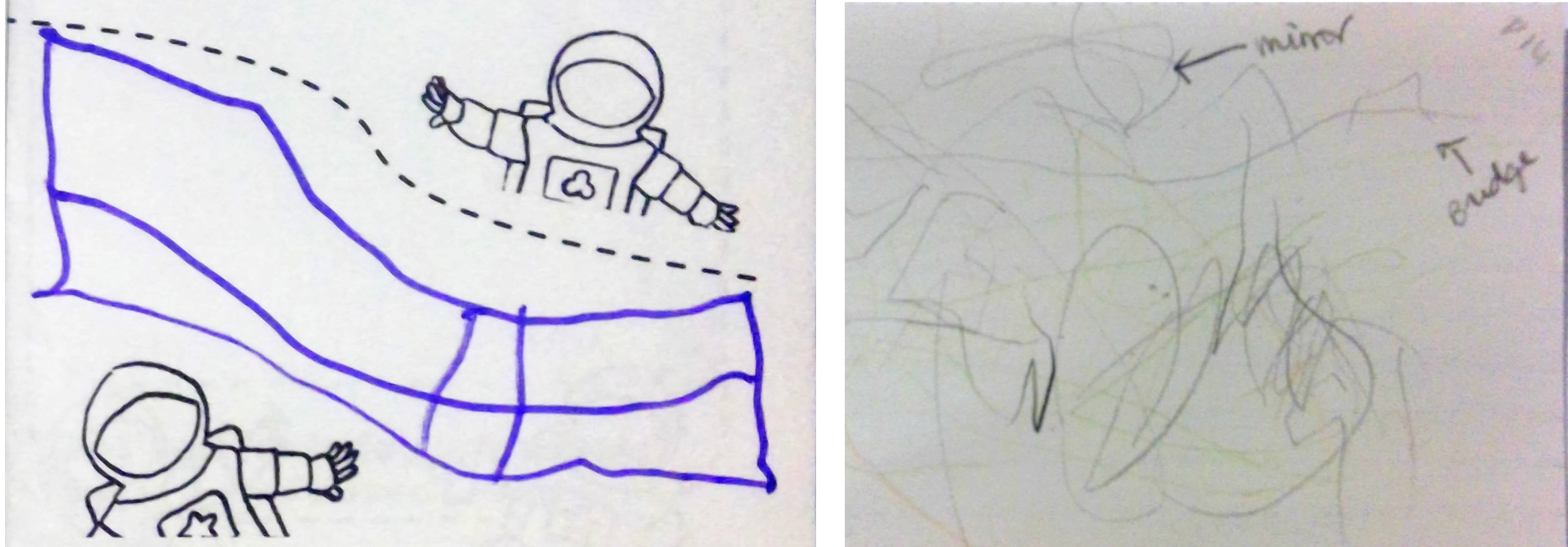 Two drawings by young children. First, a colouring page showing two astronauts with a dashed line separating them. Drawn between them is a purple wavy grid. Second, scribbles in black, orange, and yellow covering the page. Written in an adult's handwriting at the top is the label 'mirror' and to the right 'bridge'