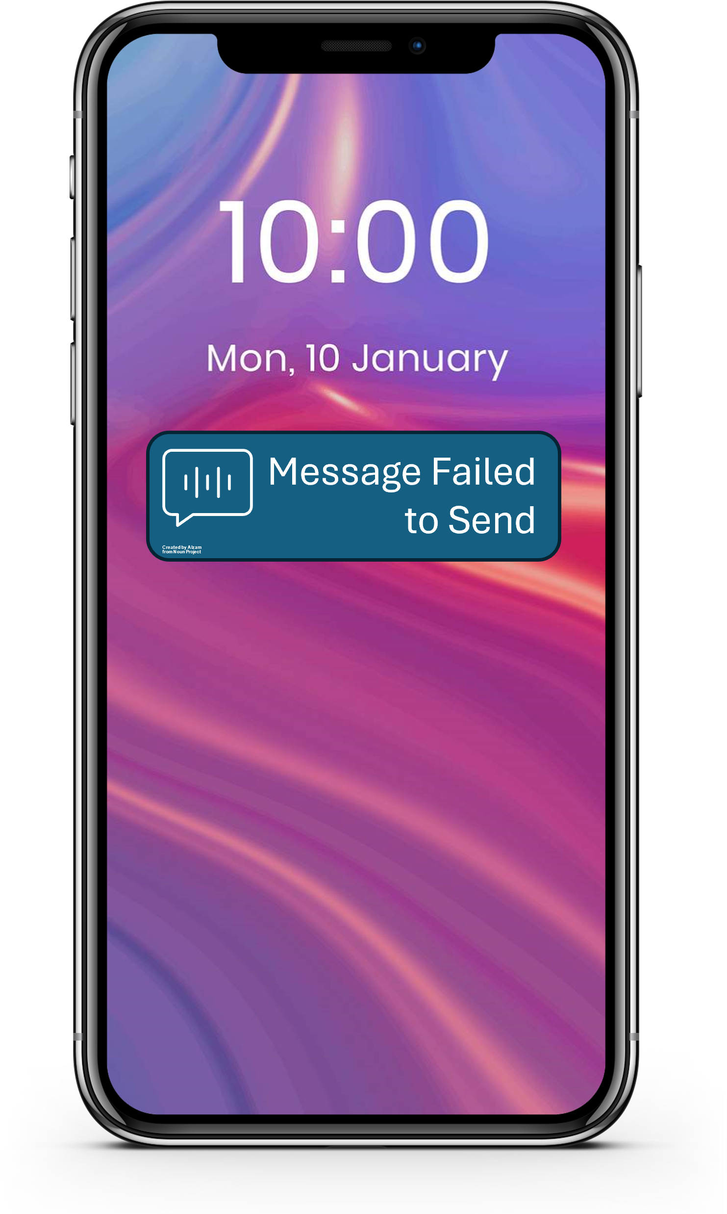 A phone lock screen showing the time 10:00 and one notification saying 'Message Failed to Send' with a speech bubble icon.