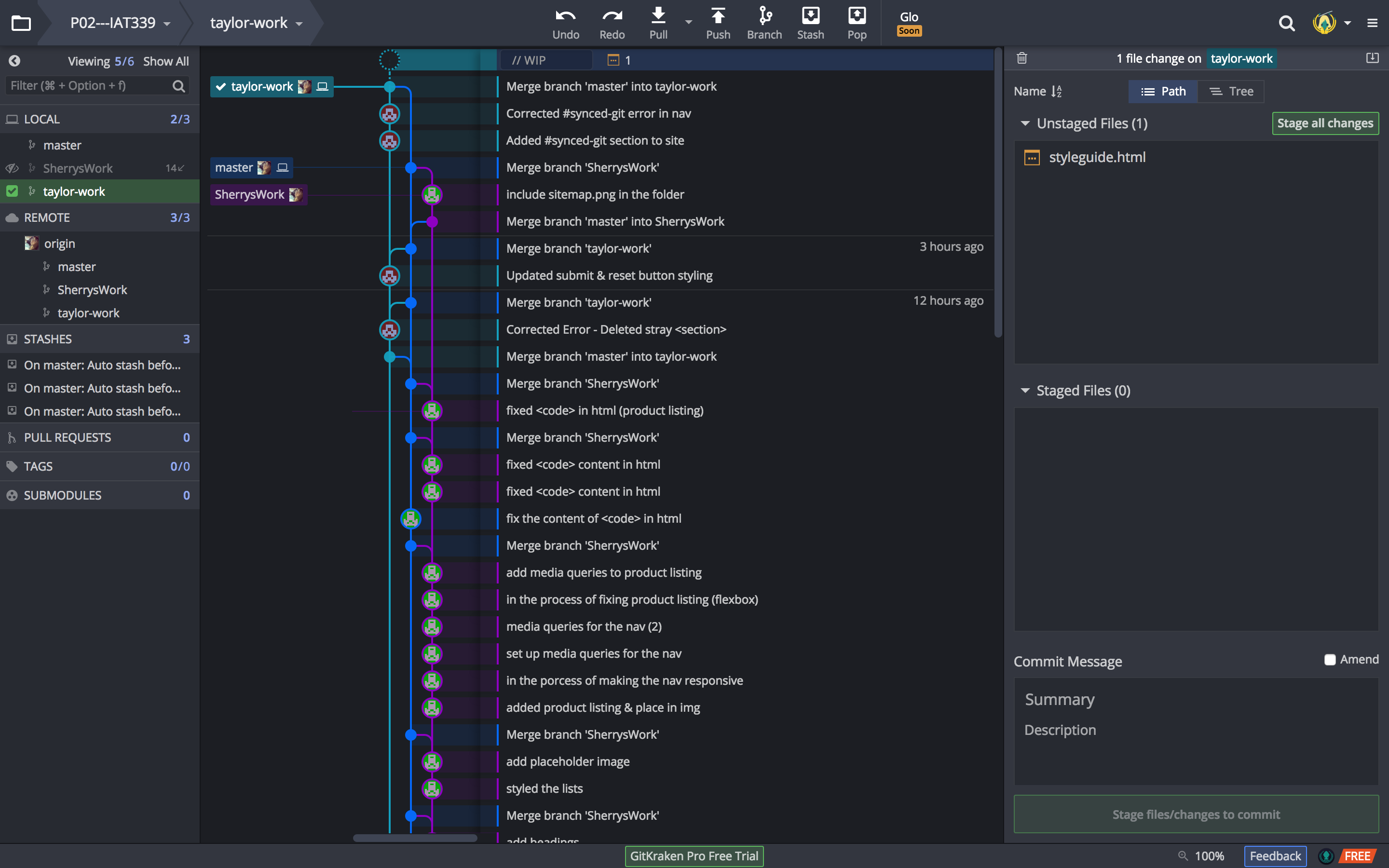 Screenshot of GitKraken workplace, displaying the individual branches