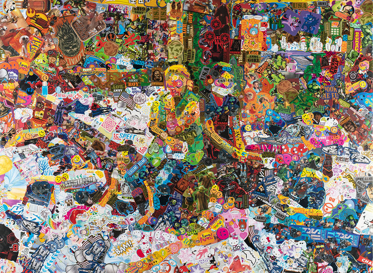 The painting is made by colorful stickers. There are two people sitting on the street in this painting.