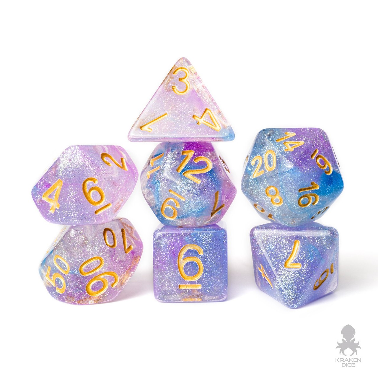 DND dice that are light blue, pink, and lavender