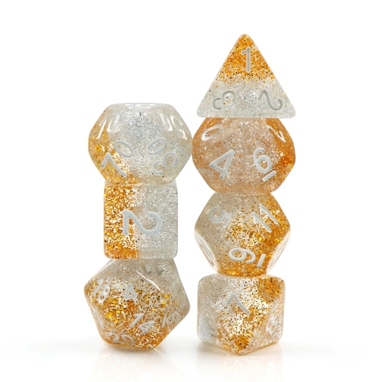 DND dice that are silver and gold and glittery.