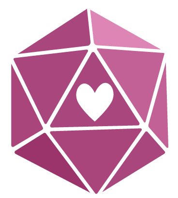 A D20 dice that is pink on a whtie background