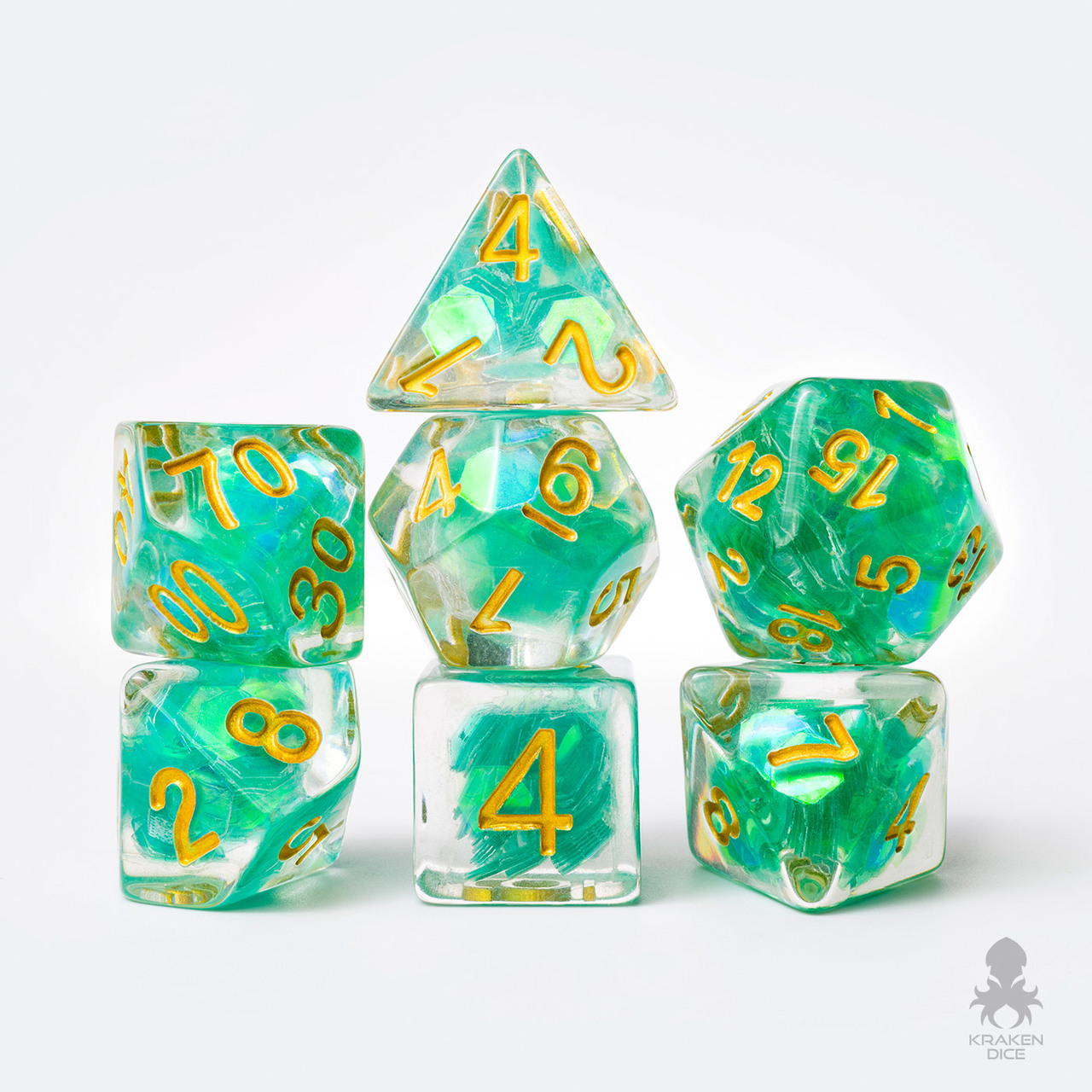 DND dice that are transparent with small green sequins inside.