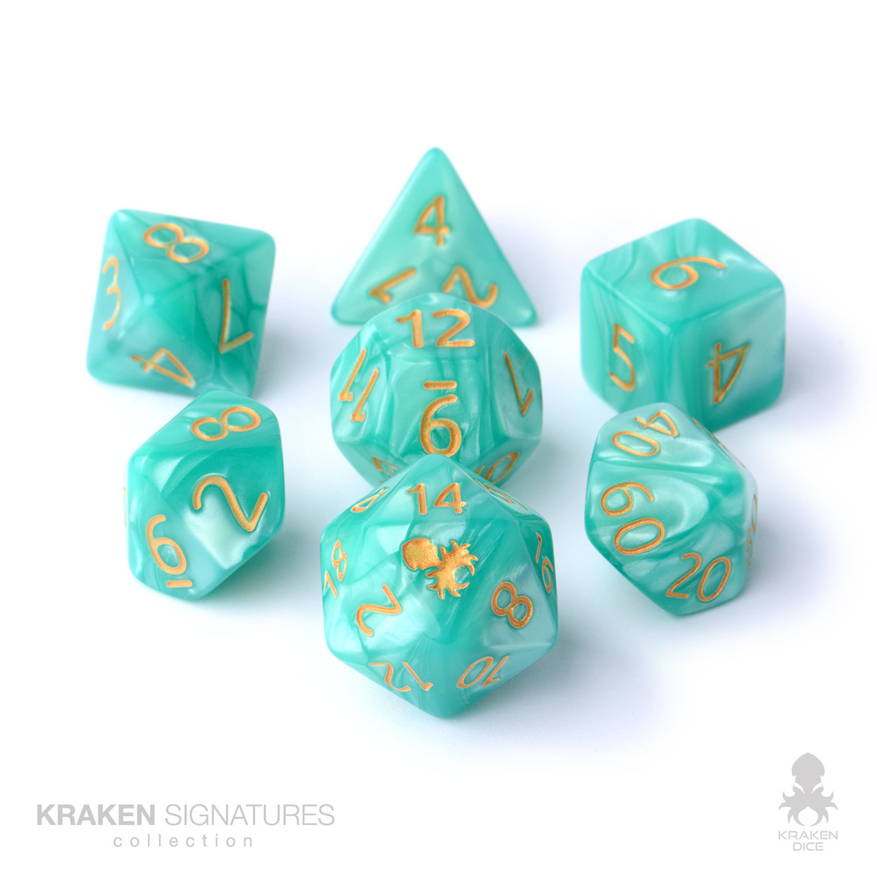 DND dice that are mint green and shiny.