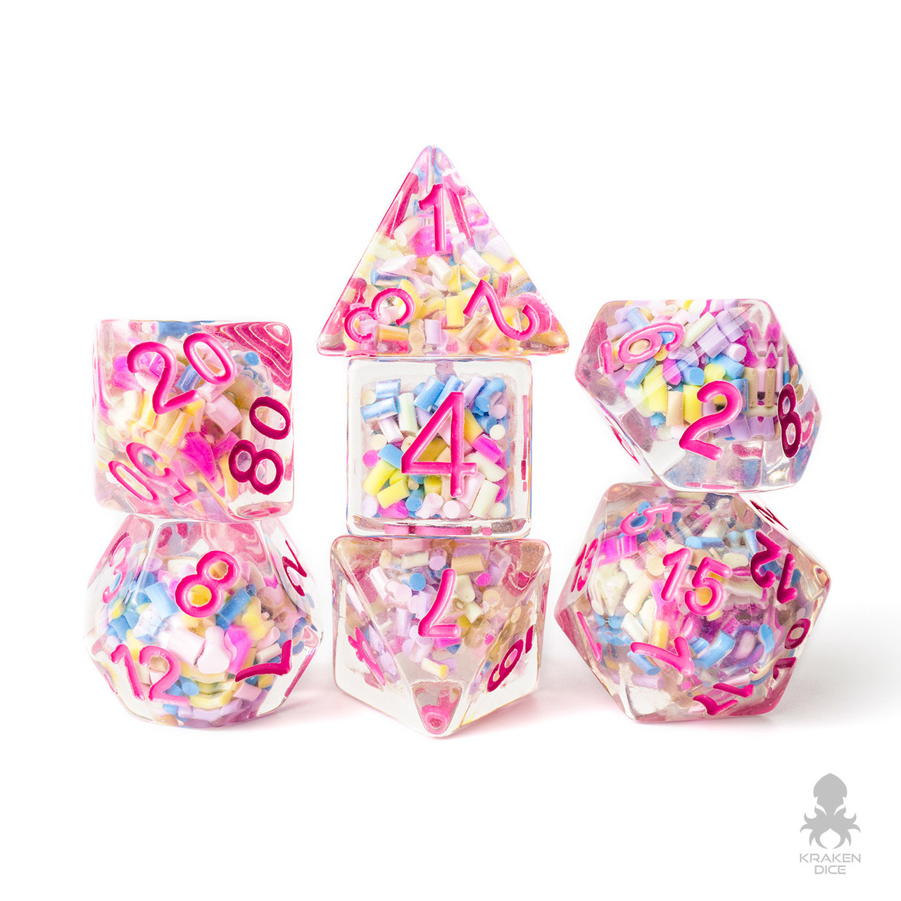 DND dice that are transparent with sprinkles inside.