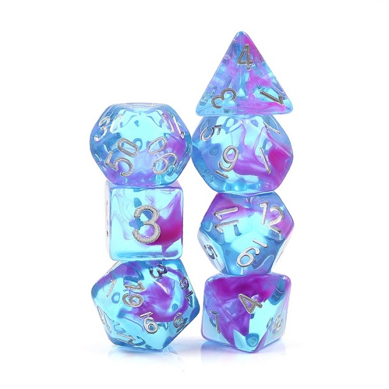 DND dice that are blue and semi-transparent with purple strands inside that look like smoke.